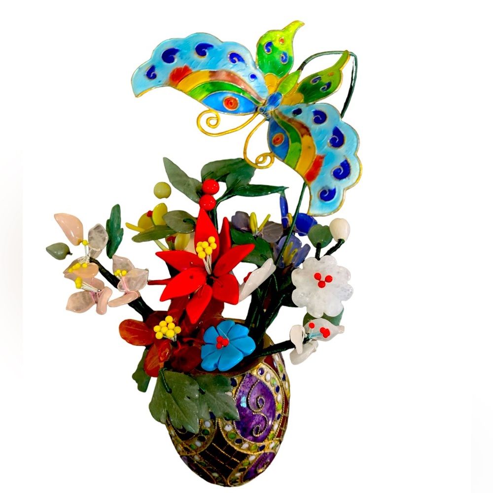 Jade Tree With Flowers & Butterfly in a Cloisonne Enamel Vase Pot
